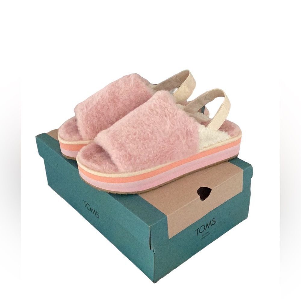 TOMS NEW IN BOX WOMENS SOFIA EVA CHALKY PINK FAUX FUR SLING BACK SHOE PLATFORM - Picture 2 of 10